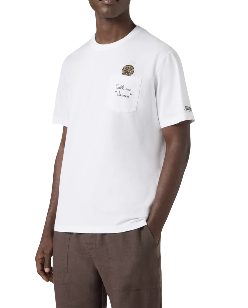 MC2 SAINT BARTH - T-shirt Austin Bianca con Orologio e Ricamo Call Me James