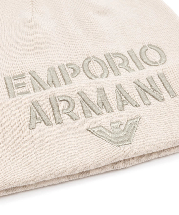 EMPORIO ARMANI - Cappellino Beige Chiaro in misto lana con Maxi Logo