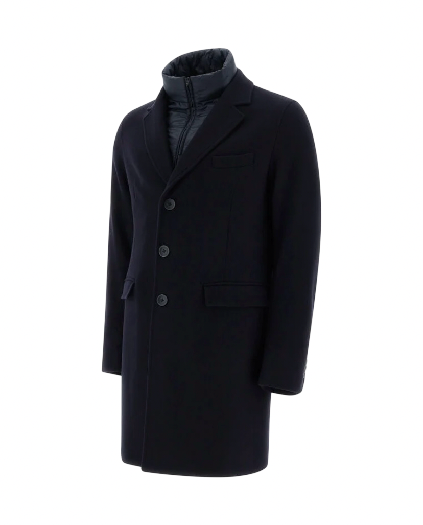 HERNO - Cappotto Blu Scuro in Lana Diagonale e Nylon Ultralight