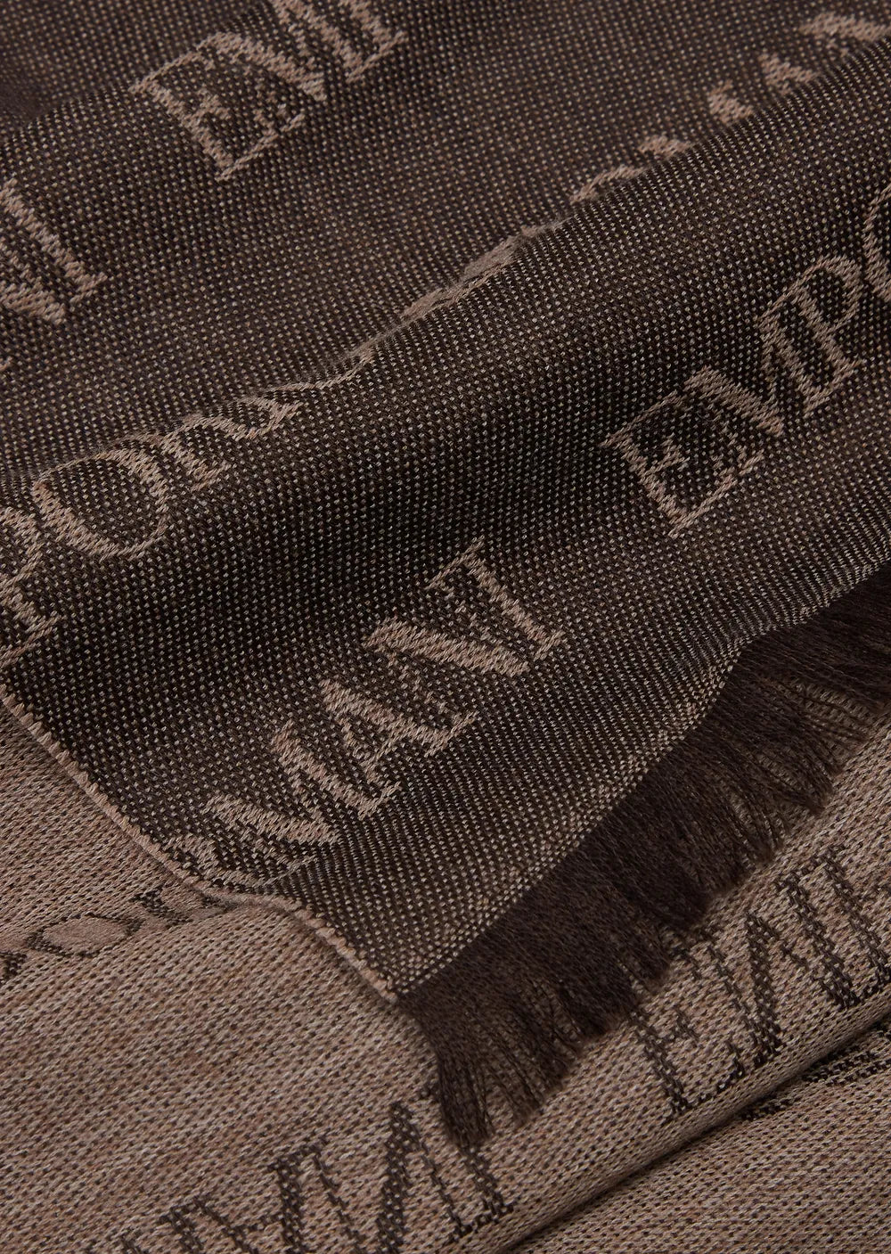 EMPORIO ARMANI - Sciarpa Marrone Logo Lettering Jacquard e Frange