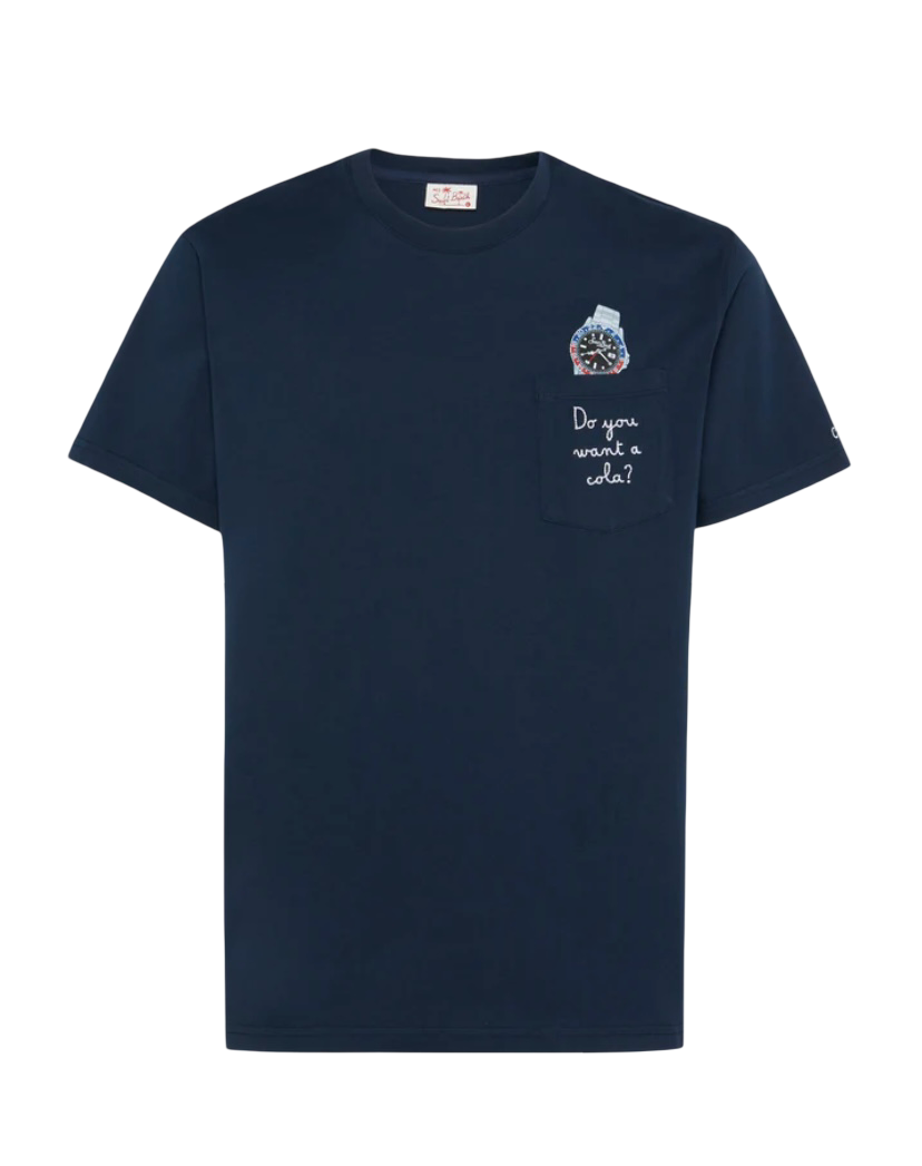 MC2 SAINT BARTH - T-shirt Austin Blu con Orologio e Ricamo Do You Want a Cola