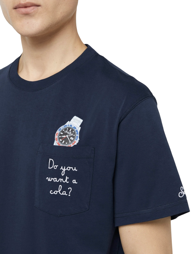 MC2 SAINT BARTH - T-shirt Austin Blu con Orologio e Ricamo Do You Want a Cola