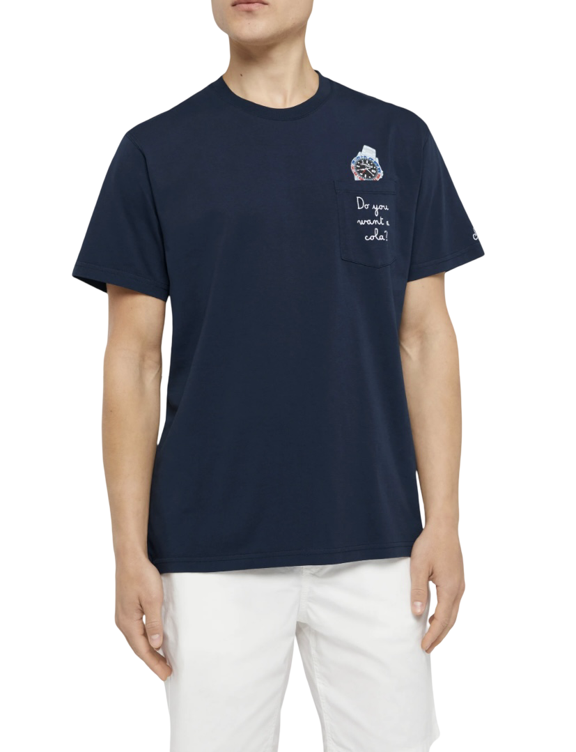 MC2 SAINT BARTH - T-shirt Austin Blu con Orologio e Ricamo Do You Want a Cola
