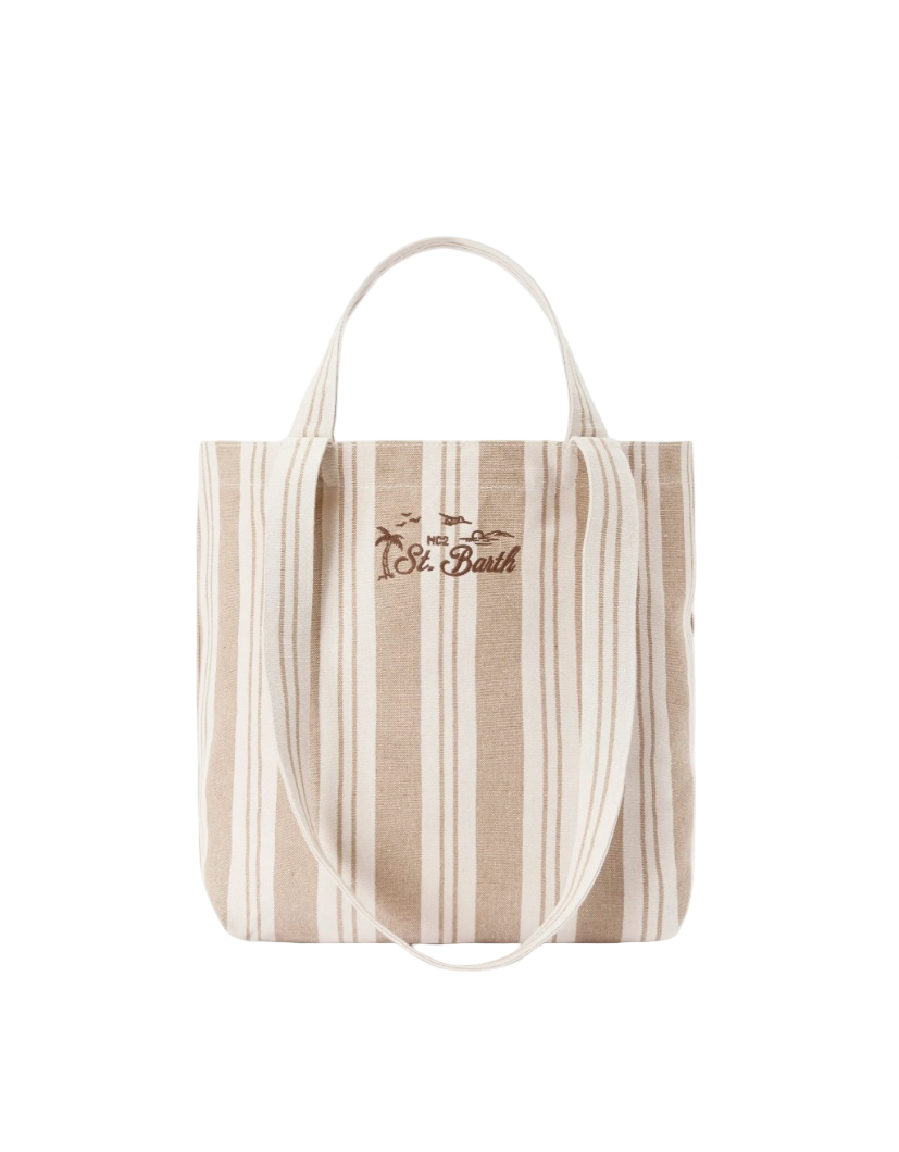 MC2 SAINT BARTH - Borsa Tote Essential Beach in Cotone a righe Beige e Bianca