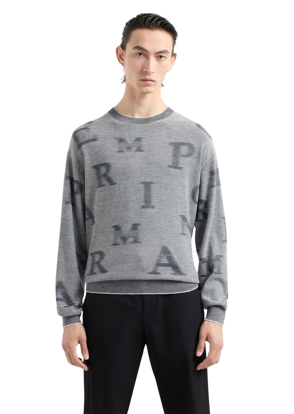 EMPORIO ARMANI - Maglione Grigio Chiaro a micro righe bicolore con Lettering All Over