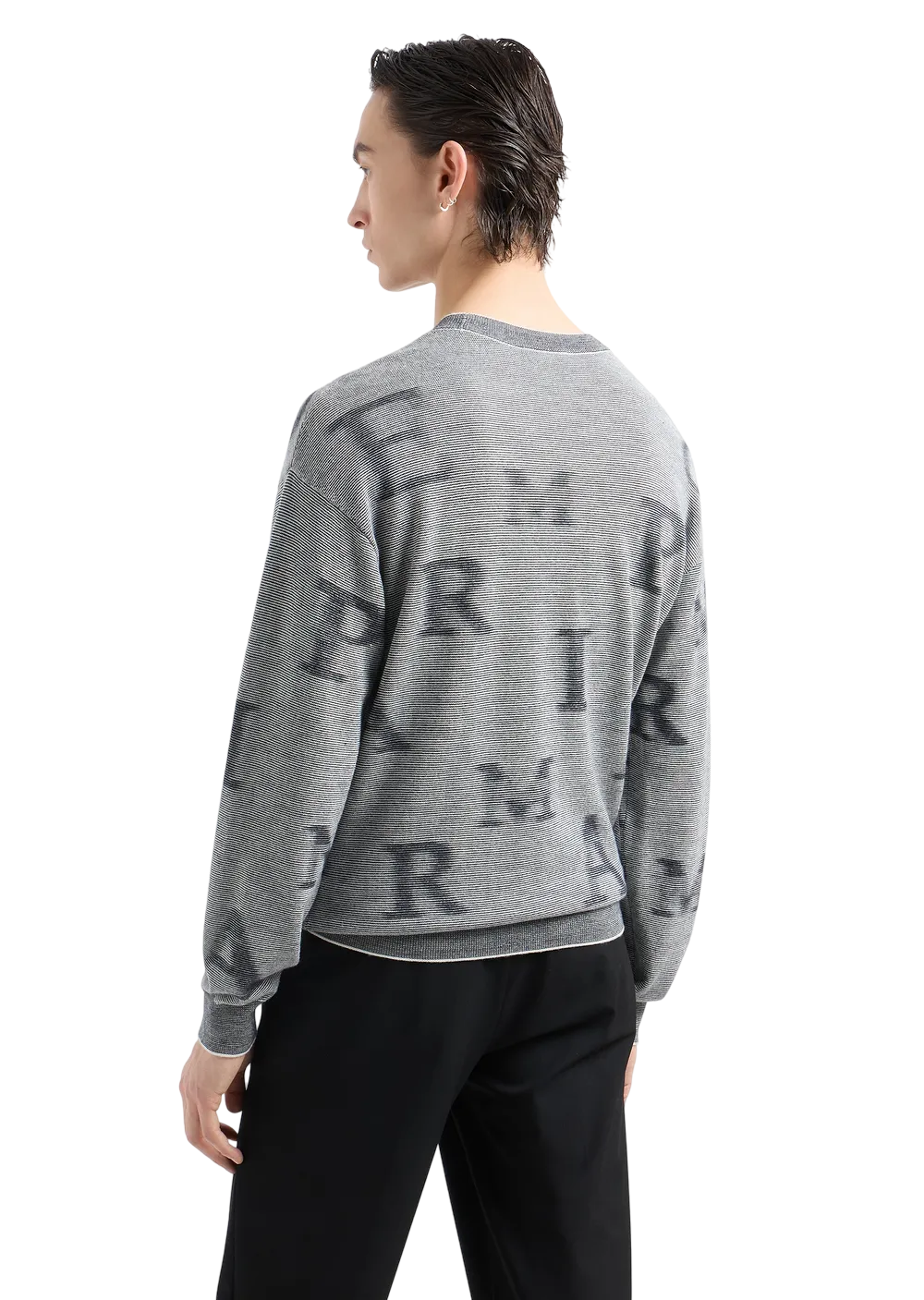 EMPORIO ARMANI - Maglione Grigio Chiaro a micro righe bicolore con Lettering All Over