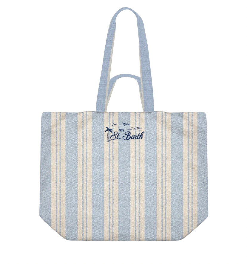 MC2 SAINT BARTH - Borsa Tote Essential Beach in Cotone a righe Bianca e Celeste