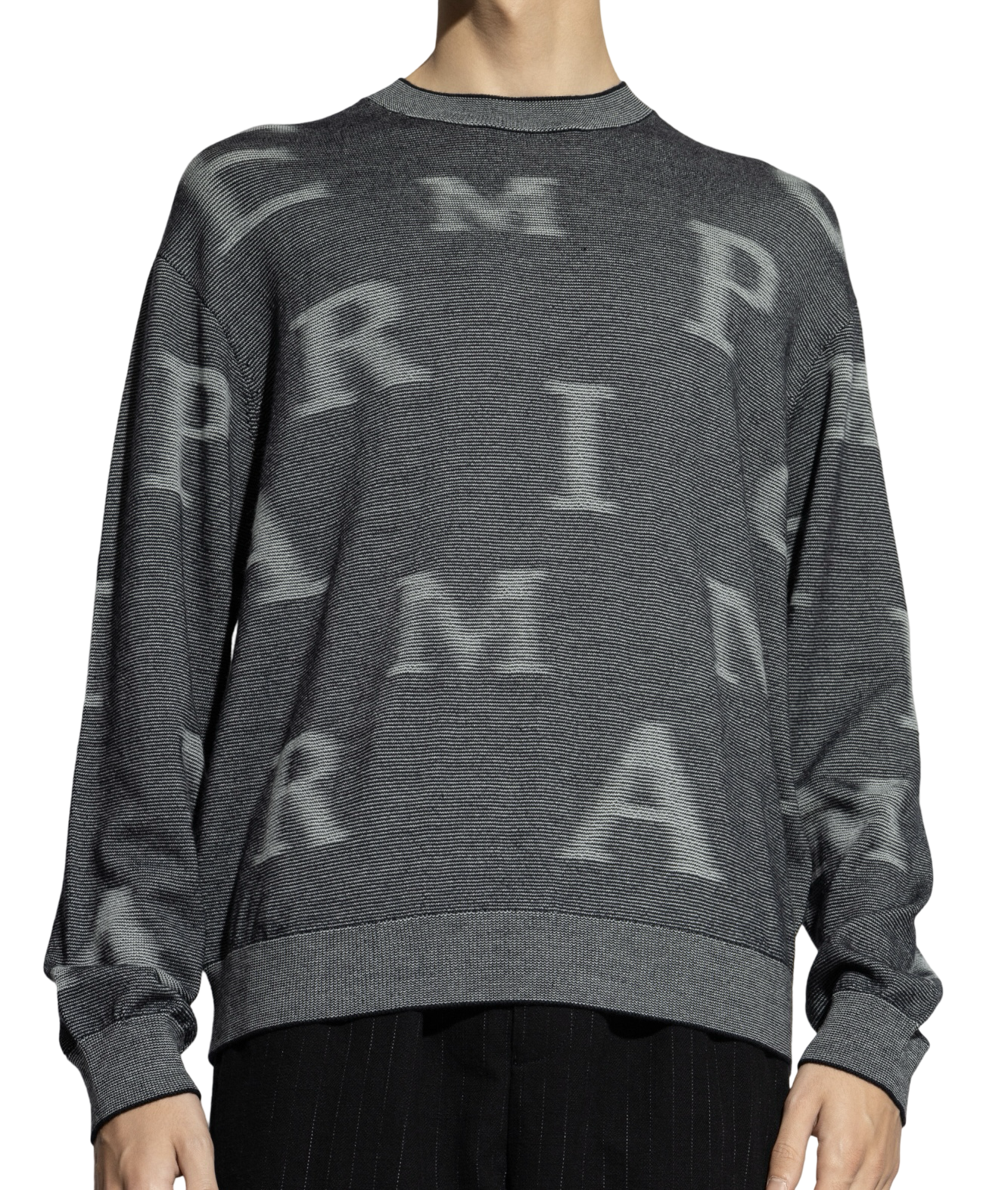 EMPORIO ARMANI - Maglione Grigio Scuro a micro righe bicolore con Lettering All Over