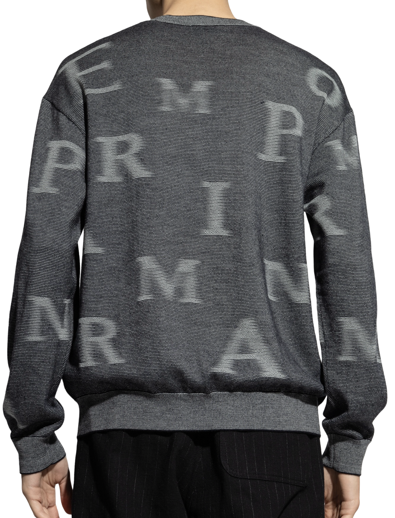 EMPORIO ARMANI - Maglione Grigio Scuro a micro righe bicolore con Lettering All Over