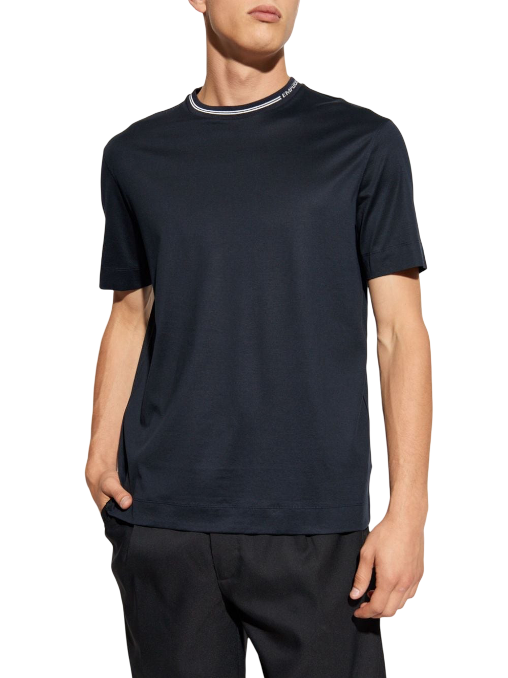 EMPORIO ARMANI - T-shirt Blu Navy in Jersey con Collo Logato