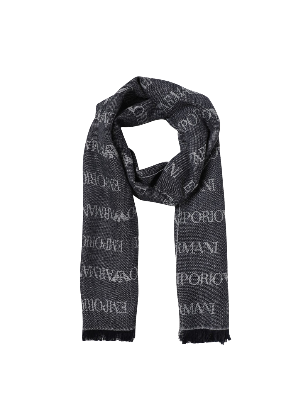 EMPORIO ARMANI - Sciarpa Blu Logo Lettering Jacquard e Frange