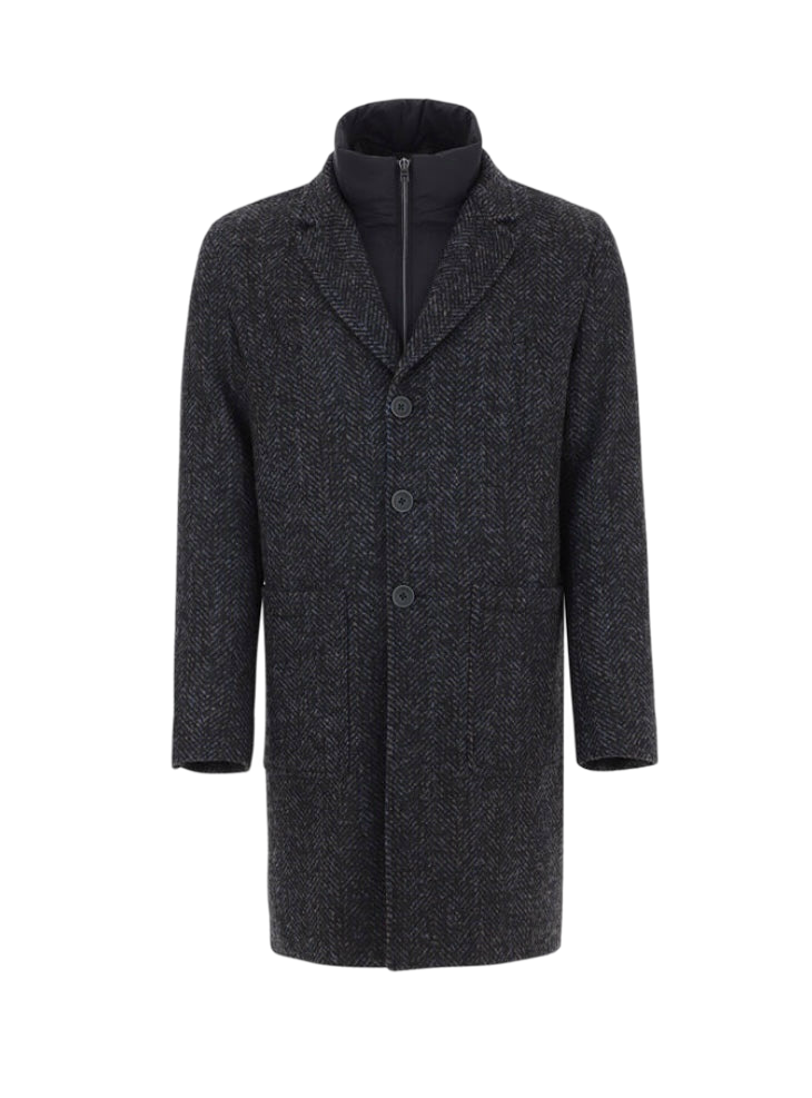 HERNO - Cappotto Spigato Nero/Azzurro Nottingham Ecoage