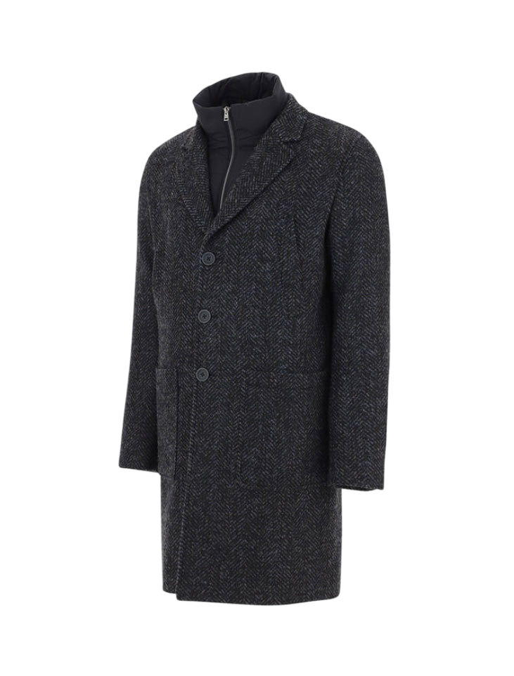 HERNO - Cappotto Spigato Nero/Azzurro Nottingham Ecoage