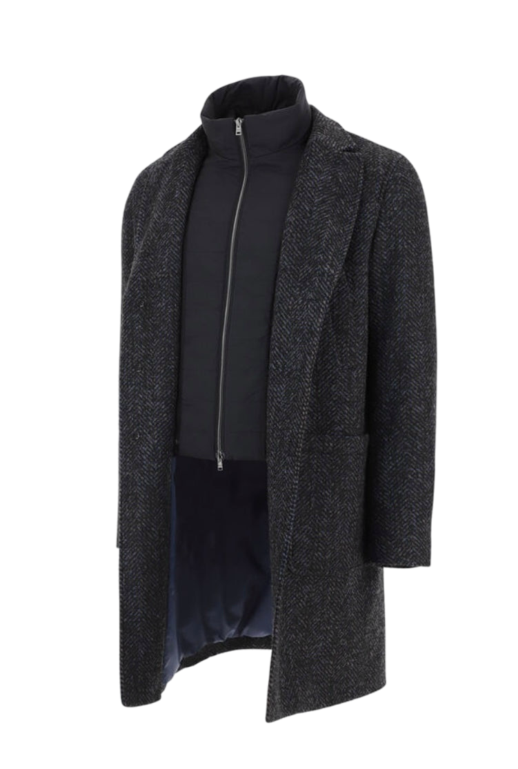 HERNO - Cappotto Spigato Nero/Azzurro Nottingham Ecoage