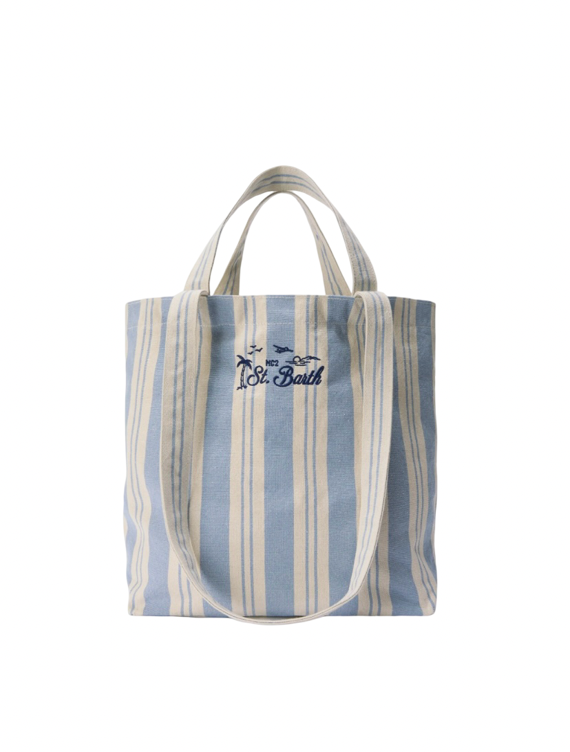 MC2 SAINT BARTH - Borsa Tote Essential Beach in Cotone a righe Bianca e Celeste