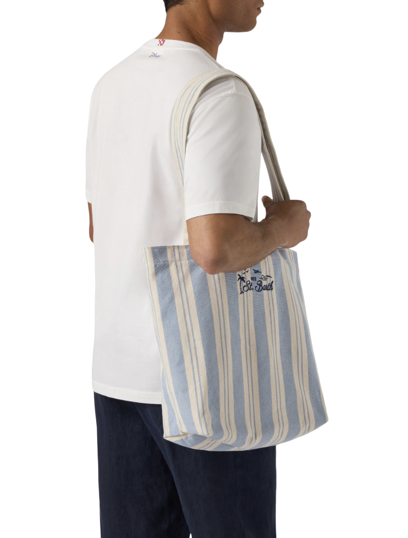 MC2 SAINT BARTH - Borsa Tote Essential Beach in Cotone a righe Bianca e Celeste