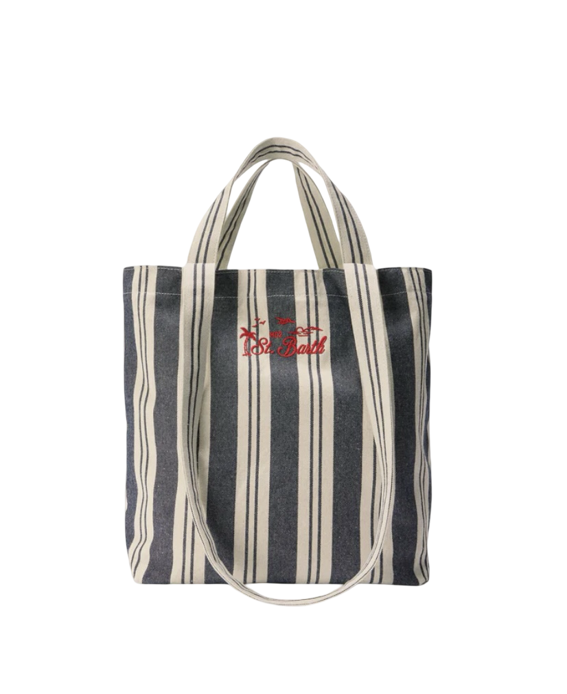 MC2 SAINT BARTH - Borsa Tote Essential Beach in Cotone a righe Bianca e Blu