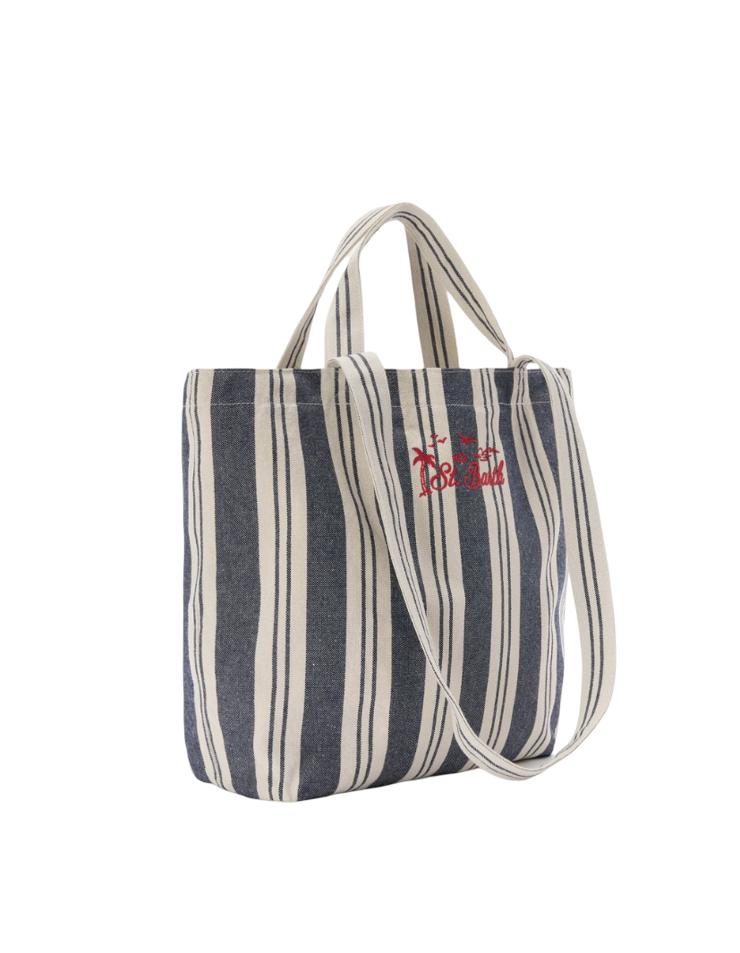 MC2 SAINT BARTH - Borsa Tote Essential Beach in Cotone a righe Bianca e Blu