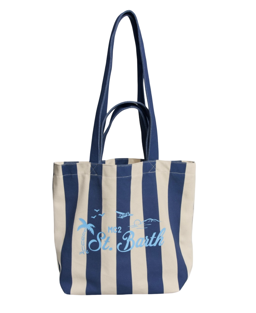 MC2 SAINT BARTH - Borsa Tote Essential Beach in Cotone a righe Blu e Bianca
