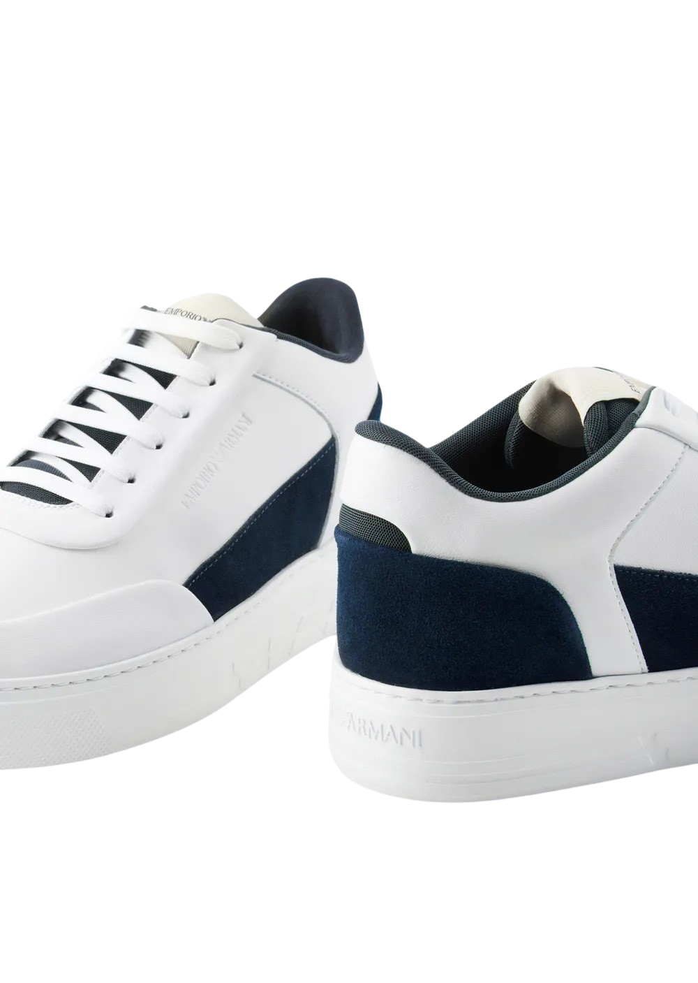 EMPORIO ARMANI - Sneakers Bianche e Blu in Pelle e Suede con Logo Laterale