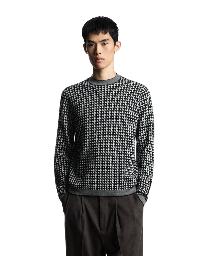 EMPORIO ARMANI - Maglione Bianco e Nero Jacquard motivo Aquile