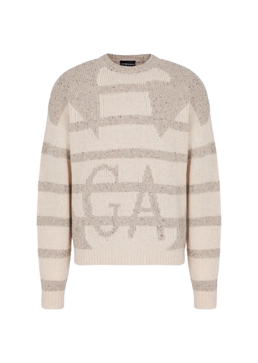 EMPORIO ARMANI - Maglione Beige in Lana Vergine Melange con intarsio maxi Aquila