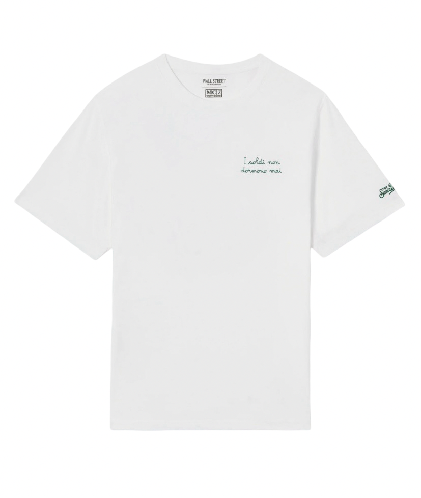 MC2 SAINT BARTH - T-shirt Bianca con ricamo I Soldi Non Dormono Mai