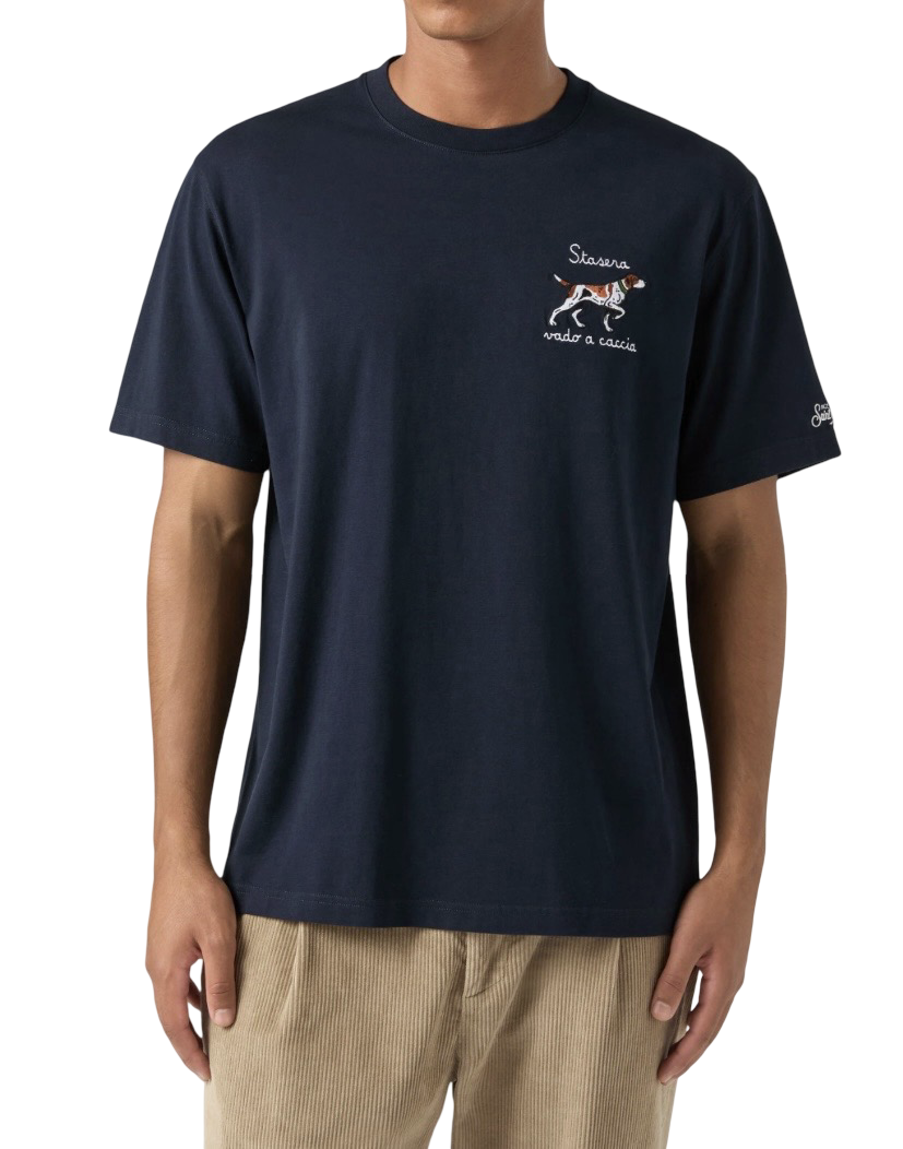 MC2 SAINT BARTH - T-shirt Blu Arnott con ricamo Stasera Vado a Caccia