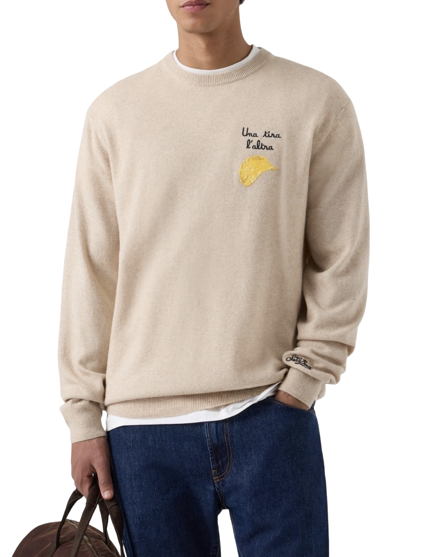 MC2 SAINT BARTH - Maglione Heron Light Embry Beige con ricamo Amica Chips Una tira l’altra