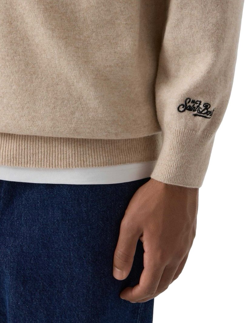 MC2 SAINT BARTH - Maglione Heron Light Embry Beige con ricamo Amica Chips Una tira l’altra