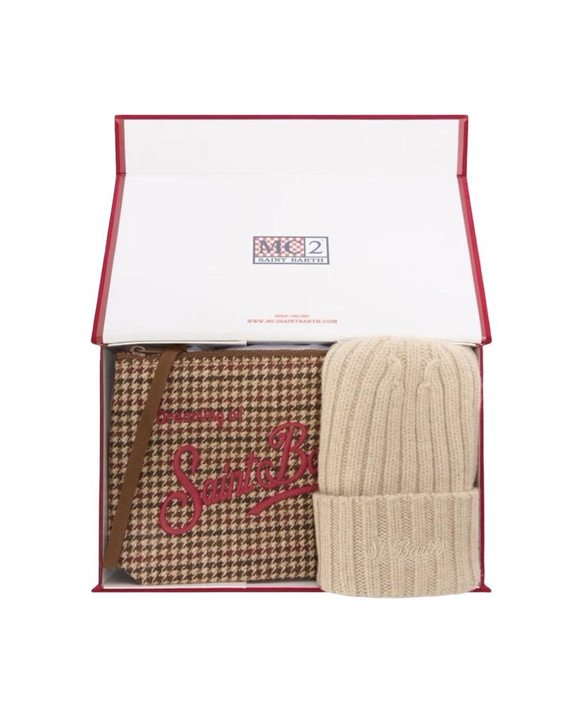 MC2 SAINT BARTH - Christmas Box Cappellino Beige e Pochette Pied de Poule
