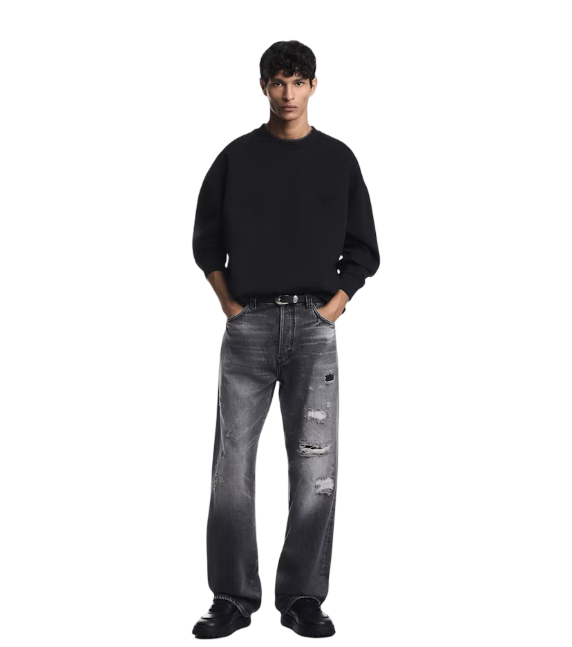 EMPORIO ARMANI - Felpa Nera Over in Double Jersey con Ricamo Aquila
