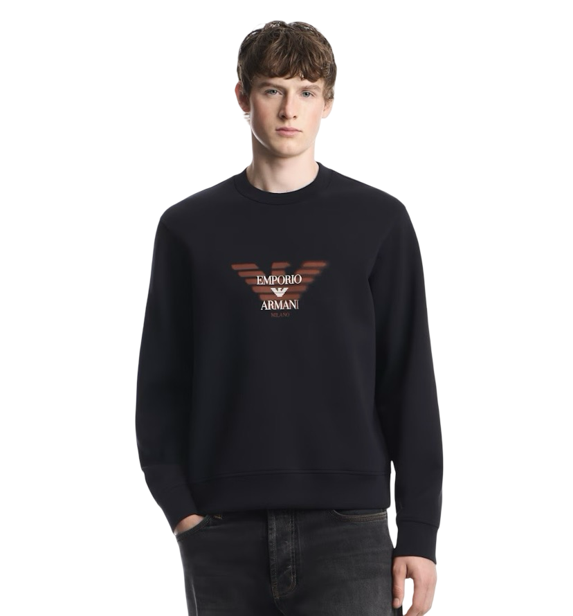 EMPORIO ARMANI - Felpa Blu in Double Jersey con Logo Aquila Arancione