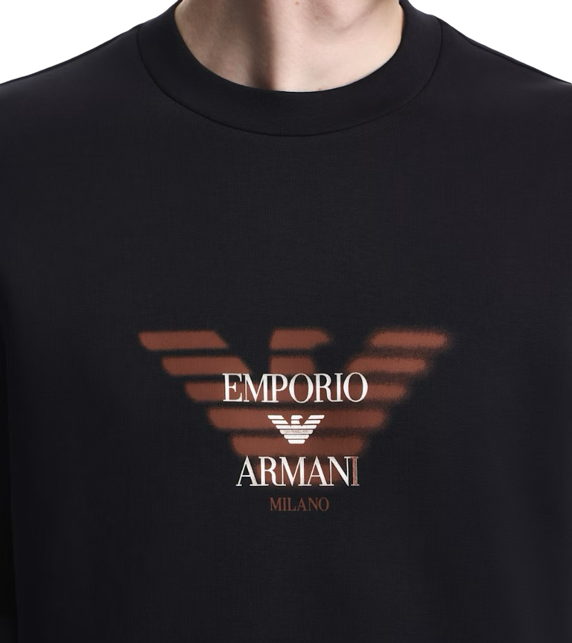 EMPORIO ARMANI - Felpa Blu in Double Jersey con Logo Aquila Arancione
