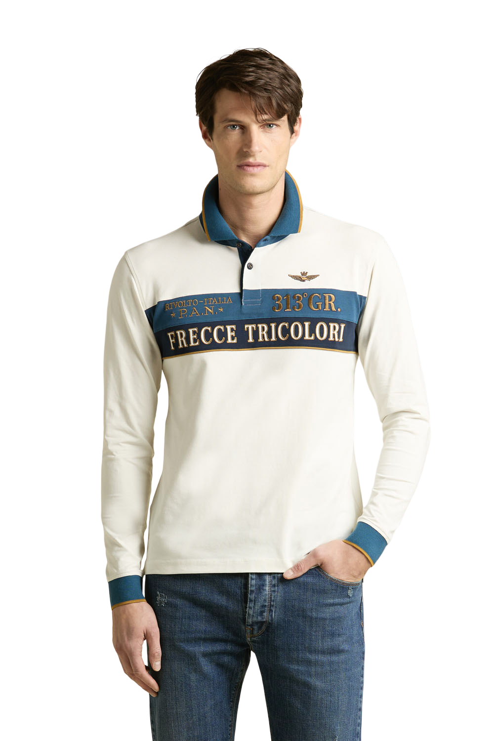 AERONAUTICA MILITARE - Polo Manica Lunga Bianca Color Block Ricamata