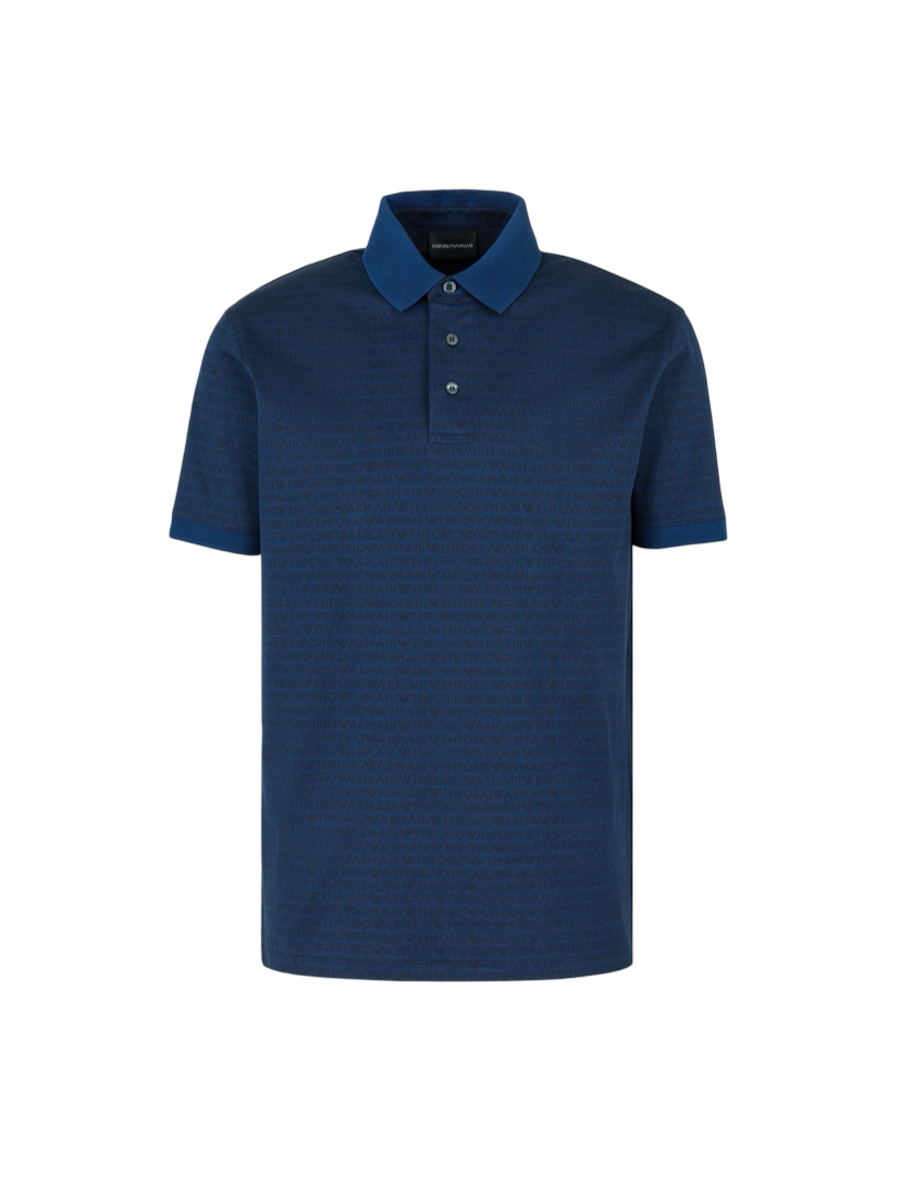 EMPORIO ARMANI - Polo Blu Jacquard Lettering All Over