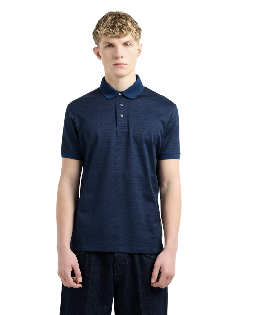 EMPORIO ARMANI - Polo Blu Jacquard Lettering All Over