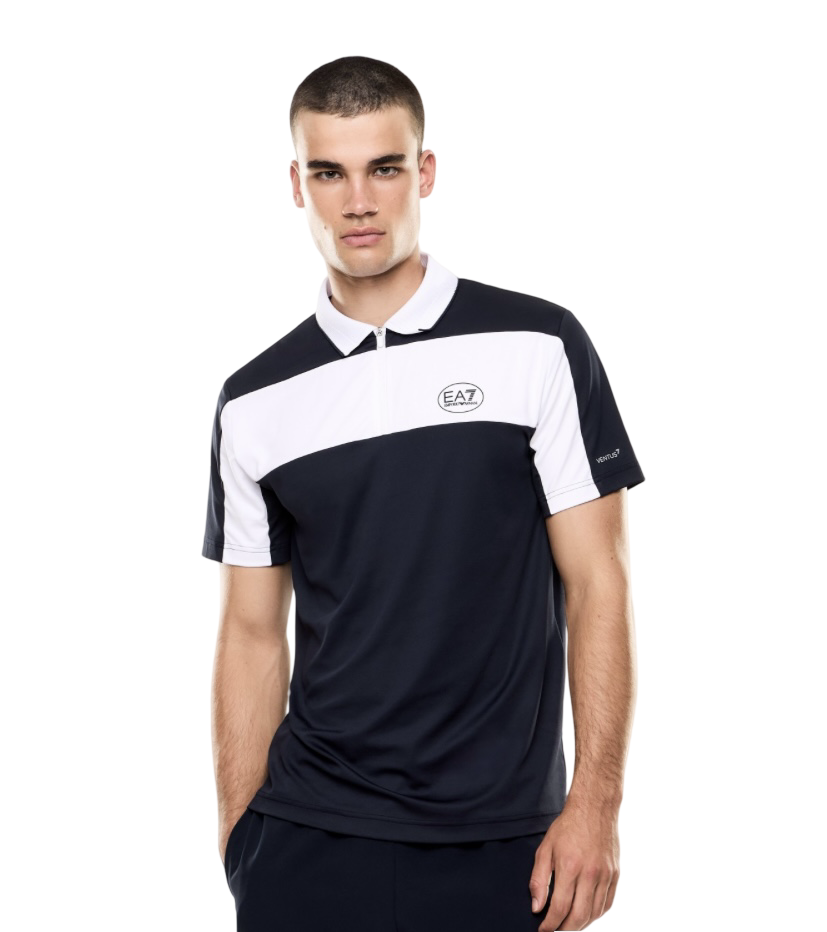 EA7 - Polo Blu e Bianca Tennis Pro in Tessuto Tecnico Ventus7